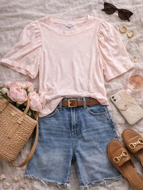 Evereve Puff Sleeve Short Sleeve Tee — Pale Blush Pink